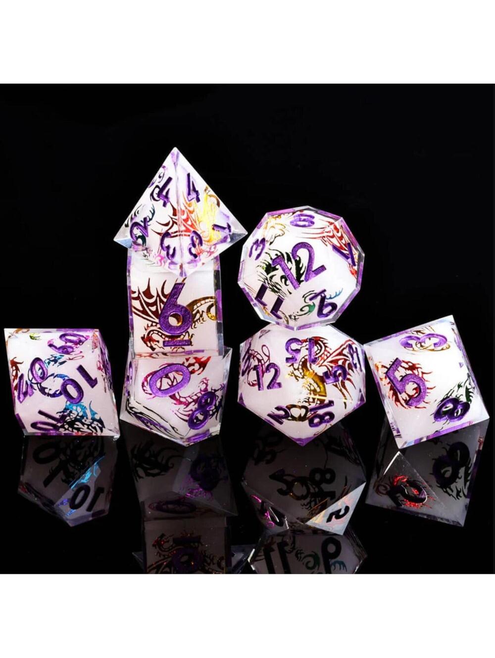(RA) 7pc Polyhedral White DND Dungeons & Dragons Dragon Icon Layered Dice Set